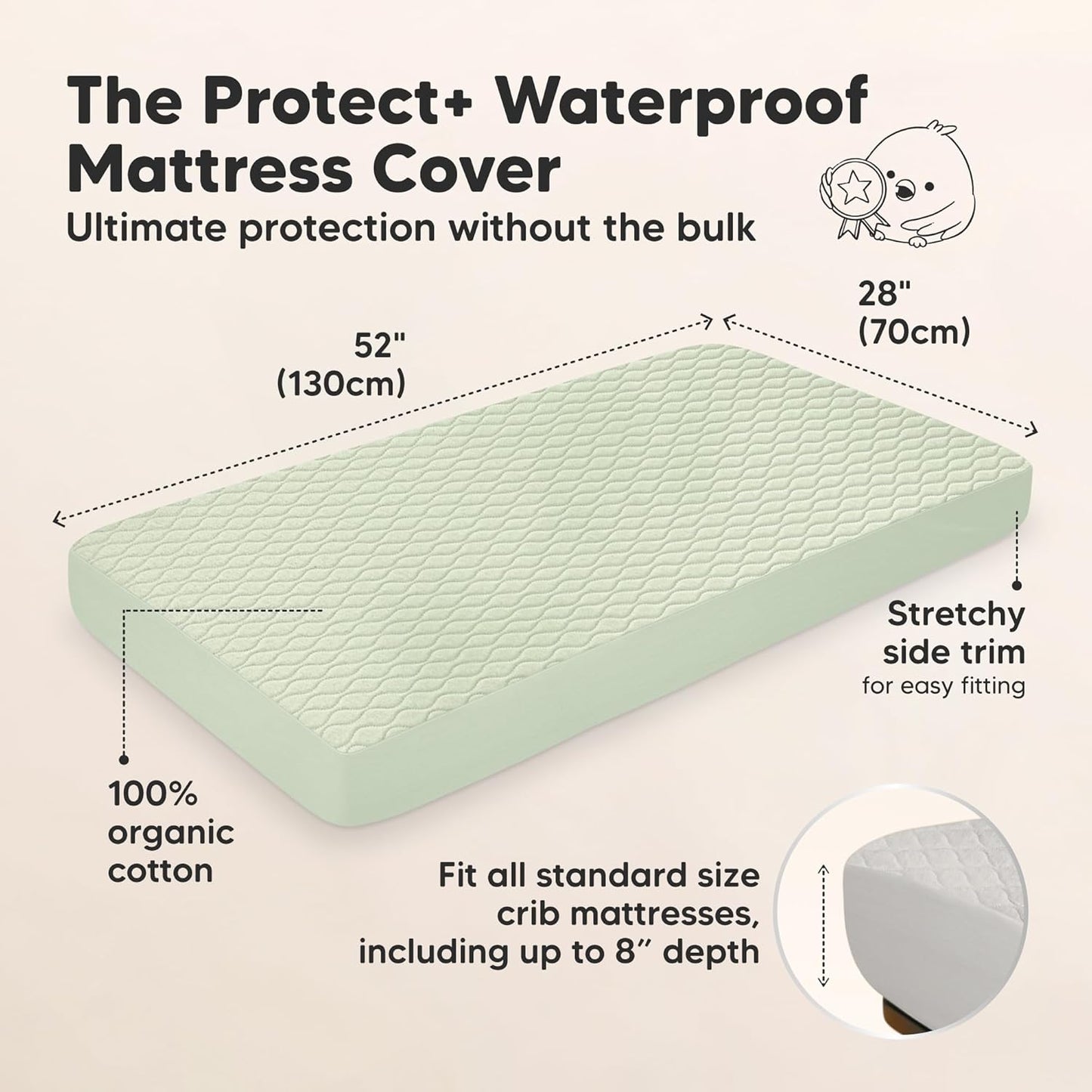 2-Pack Waterproof Crib Mattress Protector Cover Fitted - Quiet Baby Crib Mattress Pad Sheets, 52" x 28" Soft Quilted Cotton Baby Sheet, Machine Washable, Easy Fit, Durable (Soft White/Mavy)