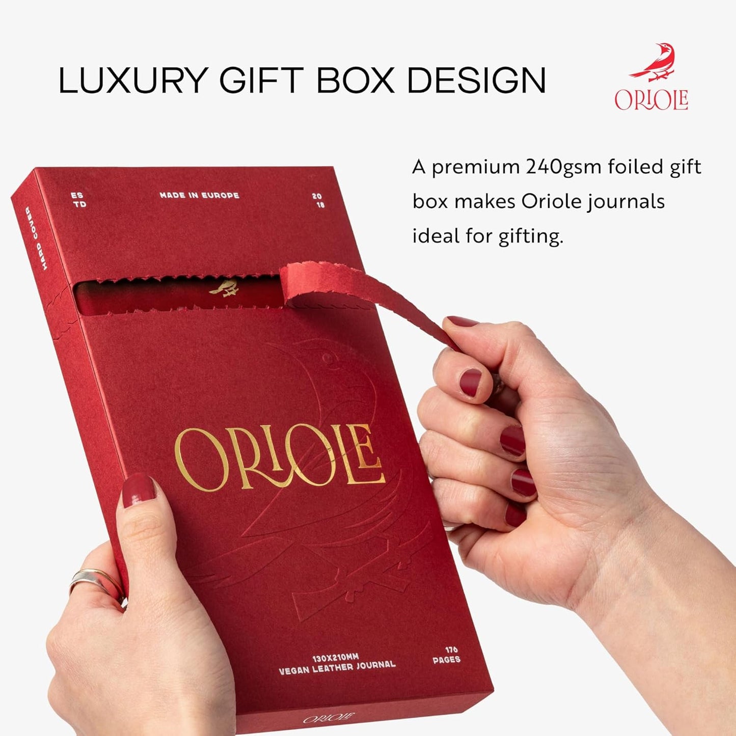 Oriole Vegan Leather Ruled Notebook - Chestnut Brown | 176 Pages of Thick Lined Paper | Soft Touch Hardcover Journal (5 x 8 in) with Gold Foil Bird Design & Luxury Gift Box