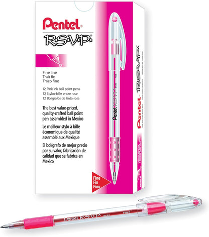 Pentel RSVP Ballpoint Pen, Fine Line, (0.7mm), Black Ink (BK90-A) (Pack of 1, 12 Count Total)
