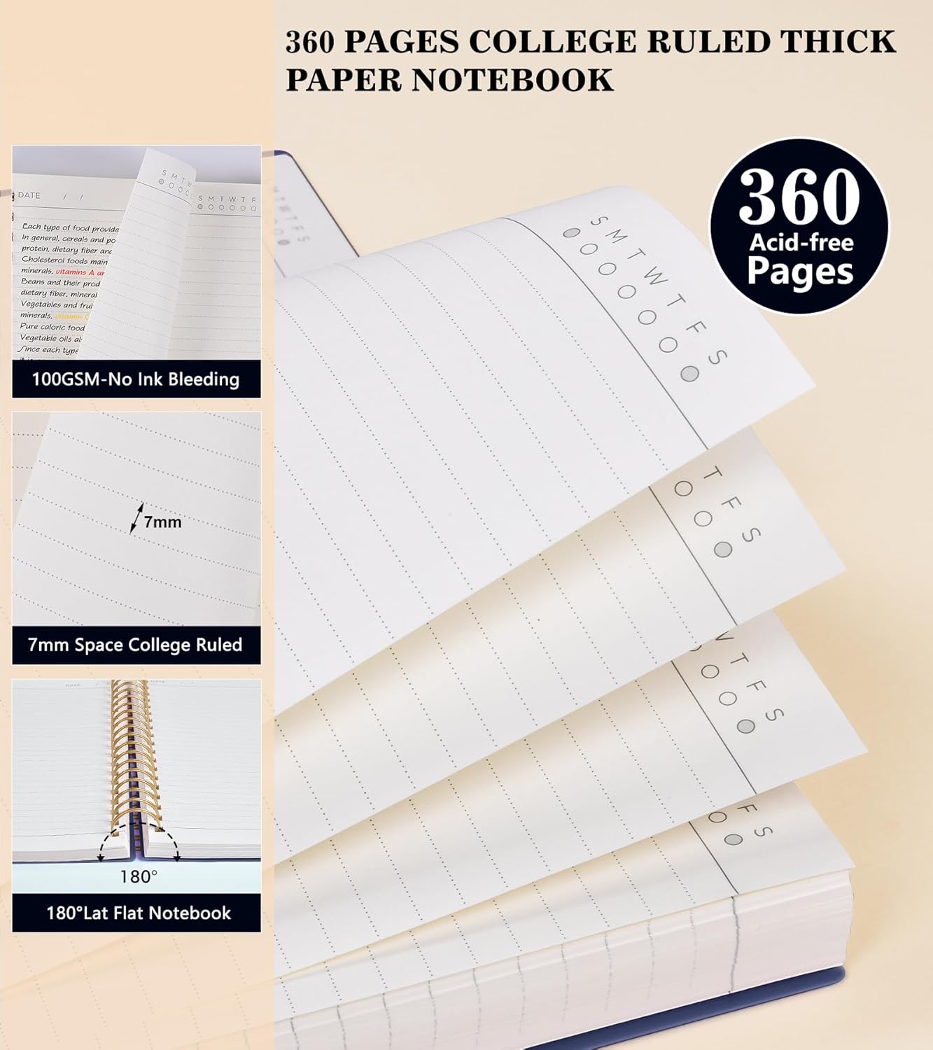 MUAHLIUB Spiral Notebook Journal College Ruled, 360 Pages Lined Thick Journals for Women Men, B5 Big Notebooks with 100GSM Paper, Spiral Bound Journaling for Writing Work School Black 7.6"×10"