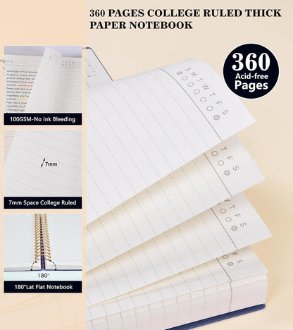 MUAHLIUB Spiral Notebook Journal College Ruled, 360 Pages Lined Thick Journals for Women Men, B5 Big Notebooks with 100GSM Paper, Spiral Bound Journaling for Writing Work School Black 7.6"×10"