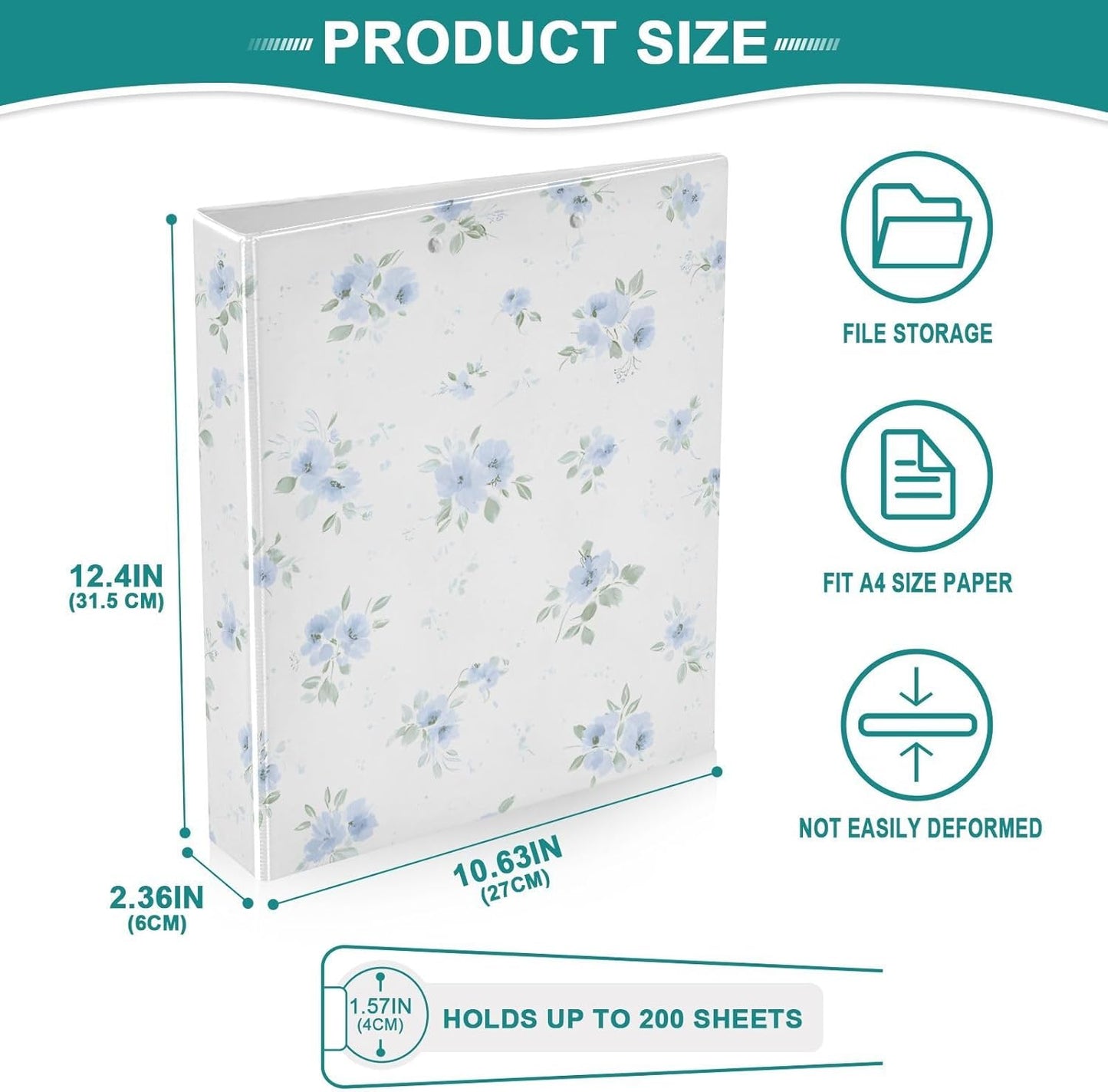 3 Ring Binders Blue Flowers Floral 1.5 Inch Round Ring Binders with Pockets Decorative Clipboard Binder Holds 200 Sheets View Binder for Home School Office,1 Pack