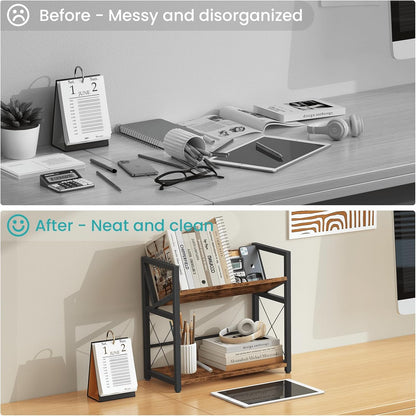 ELITEROO Desktop Bookshelf, 2 Tier Desk Shelf Organizer, Wooden Tabletop Bookcase, Small Desk Top Book Rack for Office, Home, Bedroom, Small Space Storage and Display, Rustic Brown