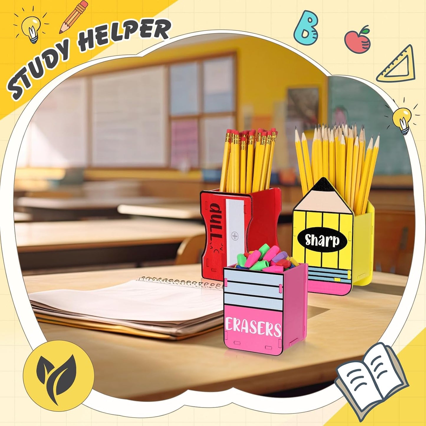 AmazingSpark 3 Pcs Pencil Shaped Holder Sharp and Eraser and Dull Holder Wooden Dispenser Pencil Storage Organizer for Back to School Management Organization (Classic)