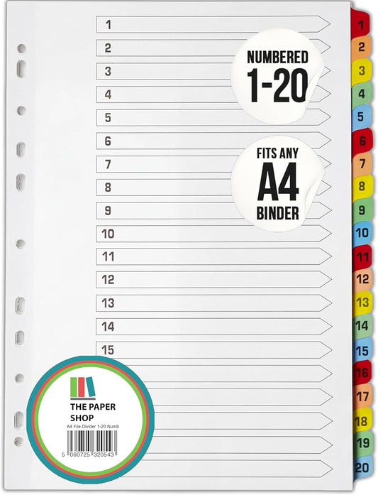 Binder Dividers with Tabs 1-20 Numbered – A4 (3 Pack) | Dividers for 3 Ring Binder | Numbered Tab Dividers for Office, School & Home Organization - The Paper Shop
