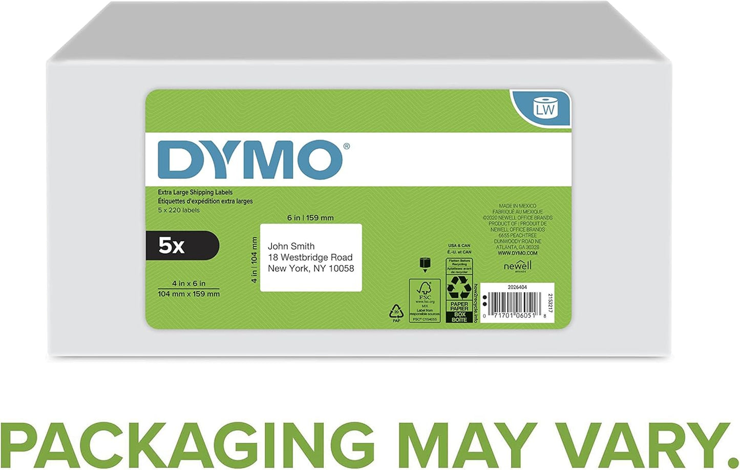DYMO Authentic LW Extra-Large Shipping Labels DYMO Labels for LabelWriter 5XL and 4XL Label Printers Only White 4" x 6" 1 Roll of 220