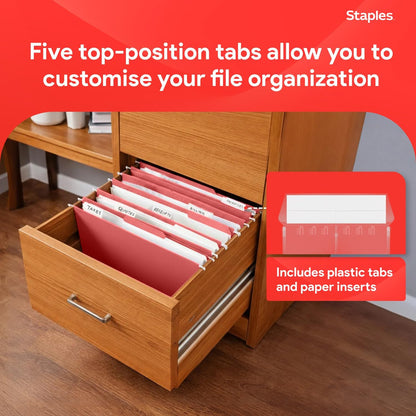 Staples Hanging File Folders, Letter Size, Blue, 5‑Tab, 1/5‑Cut Tabs, Includes Tabs & Inserts – 25/Pack