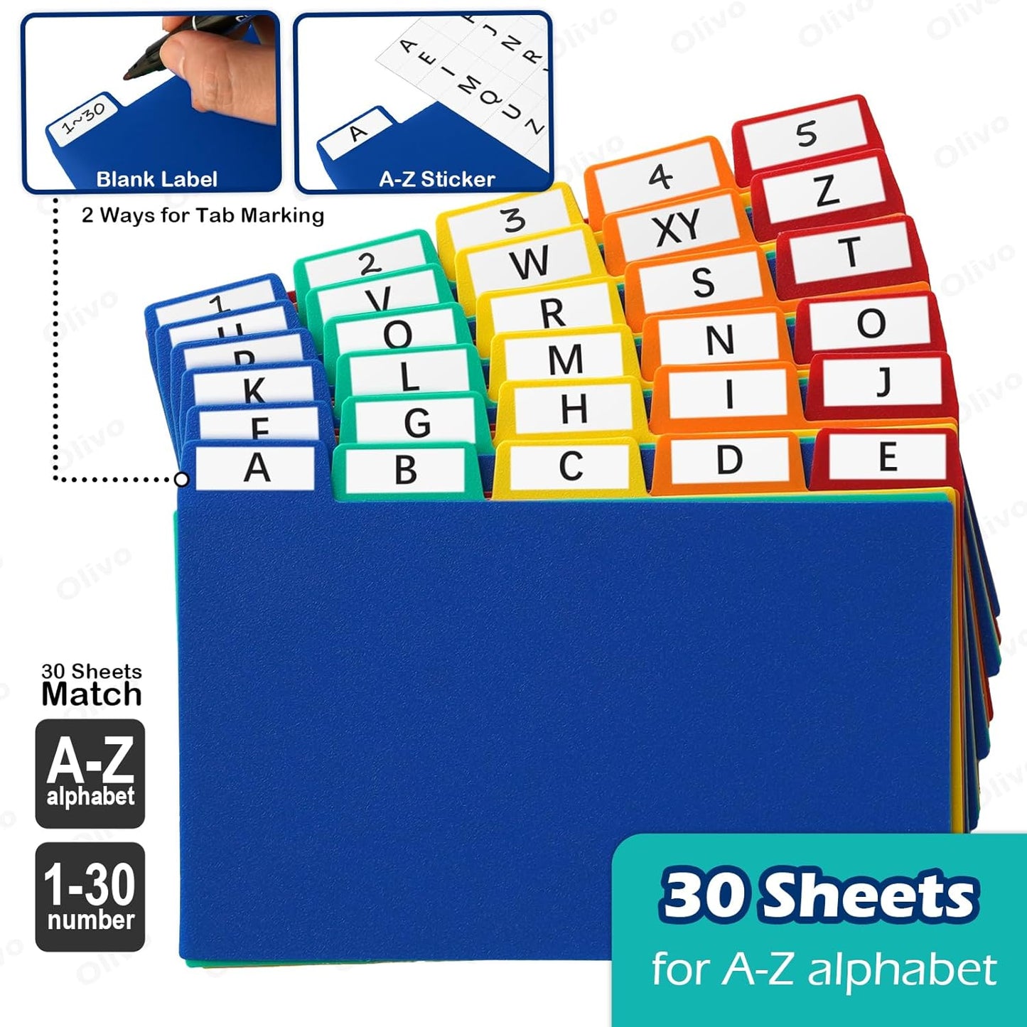 Olivo Index Card Dividers Tabs 3x5 Poly Plastic Card File Guides 3" x 5", Colored, 30 Pack