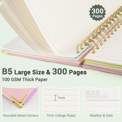 Hardcover Spiral Journal Notebook, 300 Pages 5 Subject Notebook College Ruled with Removable Dividers Tabs, 8" x 10" Notebooks for Work, Spiral Ruled Lined Writing Journal Hardcover Leather Notebook for School (Black, 8''x 10'')