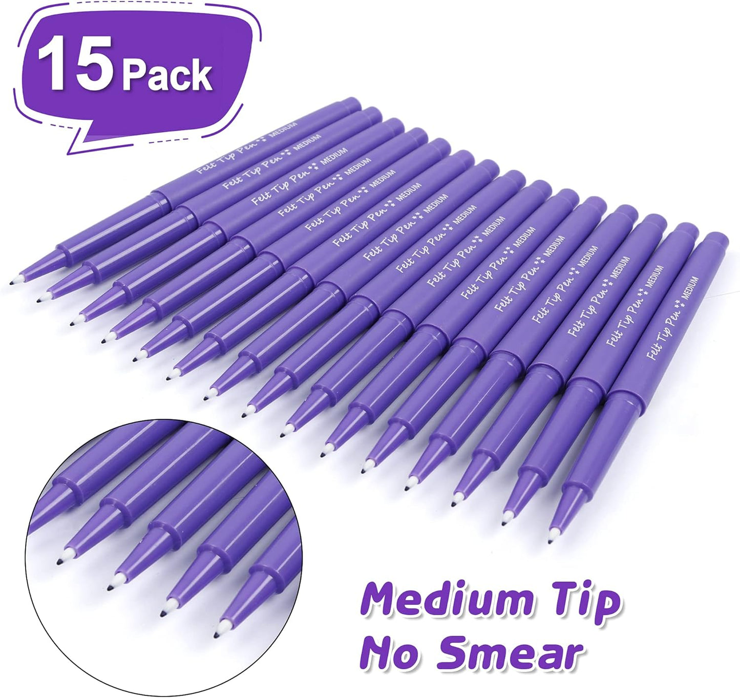 Lelix Felt Tip Pens, 15 Black Pack, 0.7mm Medium Point, Felt Tip Markers Pens for Journaling, Writing, Note Taking, Planner, Perfect for School Office and Art Supplies