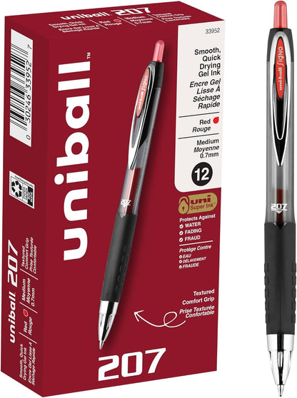 uni-ball 207 Retractable Gel Pens Medium Point, 0.7mm, Black, 12 Pack