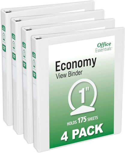 Office Essentials Economy View 3 Ring Binders, 3" Round Rings, 3.5" Spine, 460-Sheet Capacity, White Binders (4-Pack of 03148)