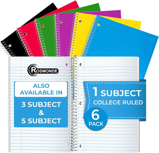 Rosmonde Spiral Notebook, 12 Pack, 1 Subject, College Ruled, 70 Sheets, 8 x 10-1/2", 3 Hole Punched, Bulk College Ruled Notebooks for School, Single Subject Spiral Notebook Bulk, Assorted Colors