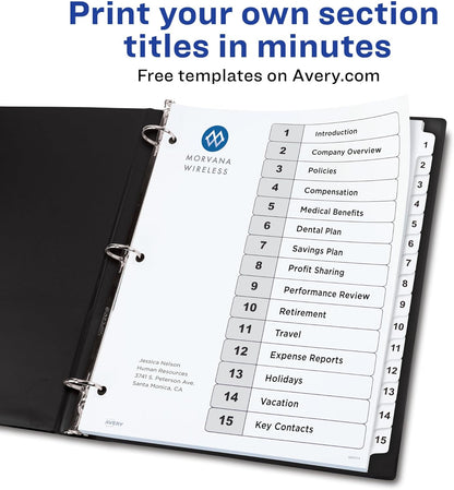 Avery Dividers for 3 Ring Binders, 15 Tabs per Set, Customizable Table of Contents, Classic White Tabs, Great for Organizing Reports, Projects, and More (3 Sets of 11079)