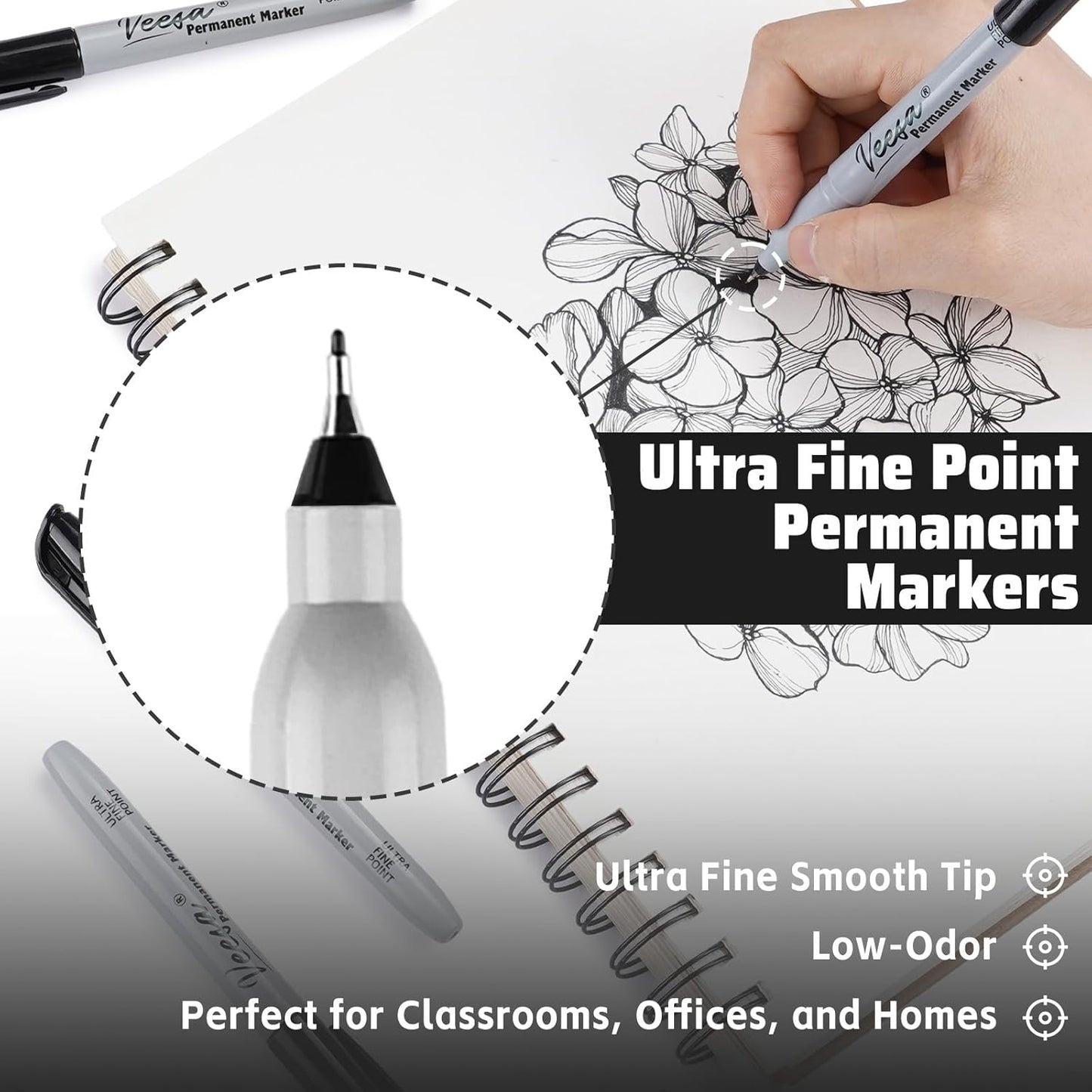 VEESA Permanent Markers, Ultra Fine Point, Black, 60 Count, 0.4mm Thin Permanent Markers Bulk, 1 Second Quick Drying, Waterproof, Fade-Resistant