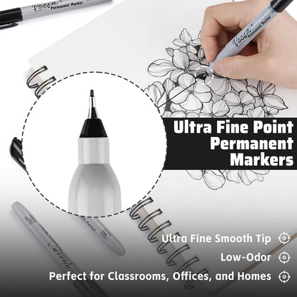 VEESA Permanent Markers, Ultra Fine Point, Black, 60 Count, 0.4mm Thin Permanent Markers Bulk, 1 Second Quick Drying, Waterproof, Fade-Resistant