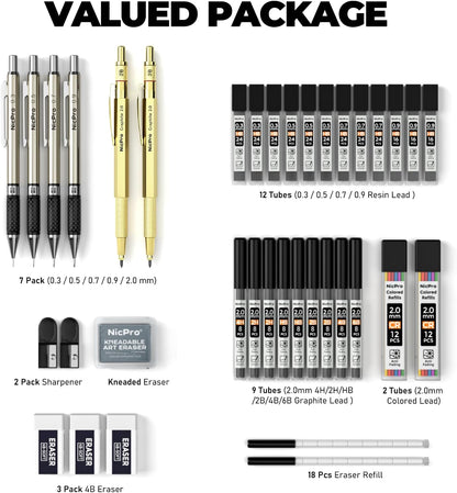 Nicpro 35PCS Art Mechanical Pencil Set, 3 PCS Metal Drafting Pencil 0.5 mm & 0.7 mm & 0.9 mm & 3 PCS 2mm Lead Holder (6B 4B 2B HB 2H 4H Colors) For Sketching Drawing With 20 Tube Lead Refills Case