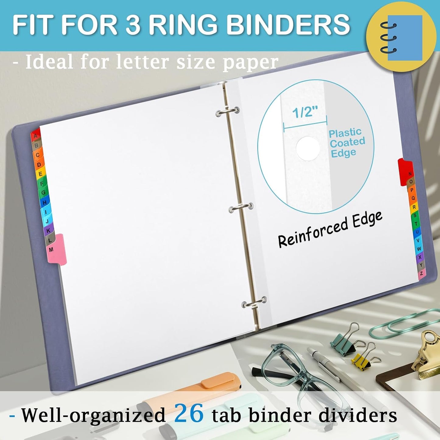 Alphabet Binder Dividers for 3 Ring Binder, COIDEA A-Z Dividers for 3 Ring Binder, Multicolor A-Z Binder Dividers with Customizable Table of Contents Page, ABC Alphabet Tabs for School Office