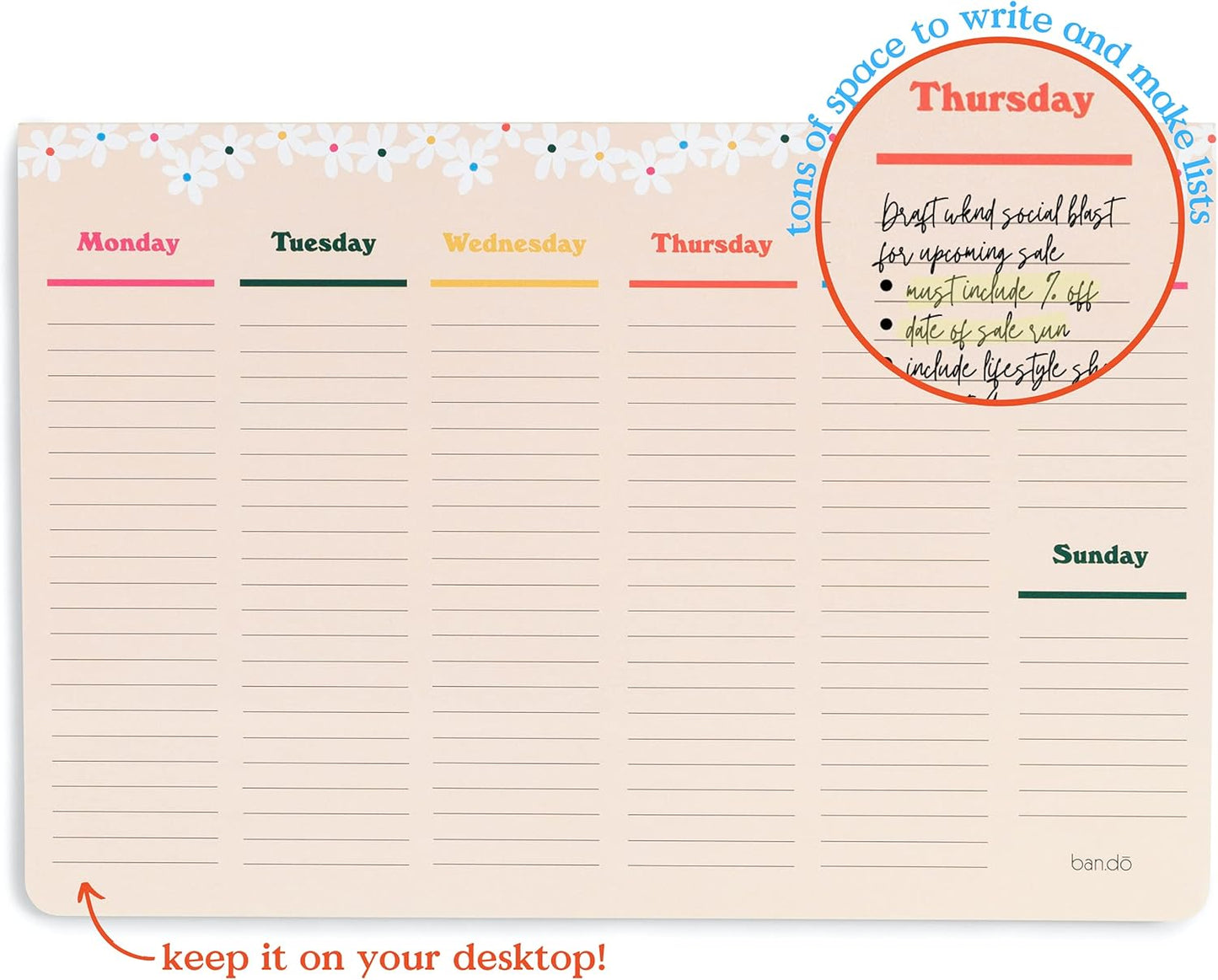 ban.do Weekly Planner Notepad, Desk Planner/Calendar Pad with 52 Sheets, Undated Weekly Desktop Calendar/Agenda (Pink/Green)