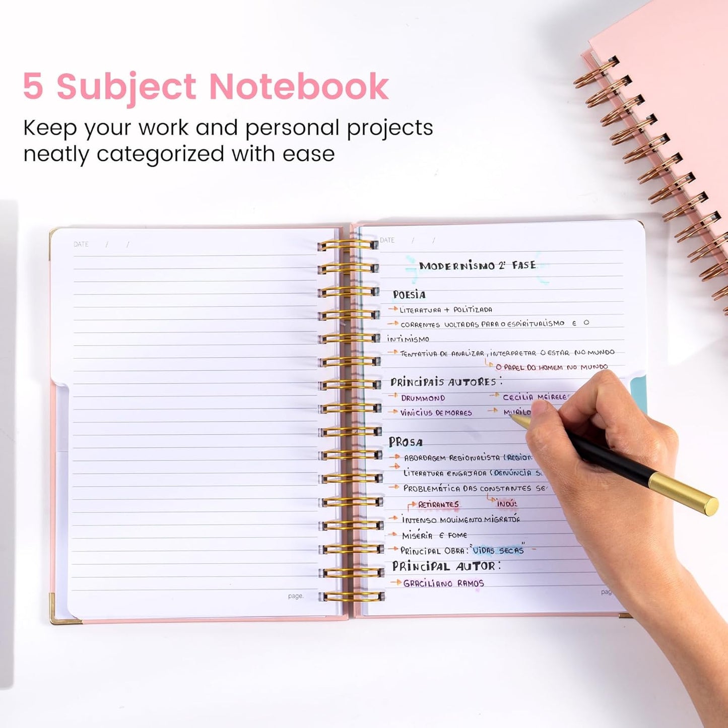 Hardcover Spiral Notebook with Tabs 8"x10" Large Spiral Lined Journals for Women with Dividers 240 Pages College Ruled Composition Notebook 5 Subject Notebook for Work, Back to School, Gifts, Purple