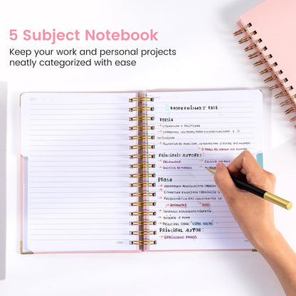 Hardcover Spiral Notebook with Tabs 8"x10" Large Spiral Lined Journals for Women with Dividers 240 Pages College Ruled Composition Notebook 5 Subject Notebook for Work, Back to School, Gifts, Purple