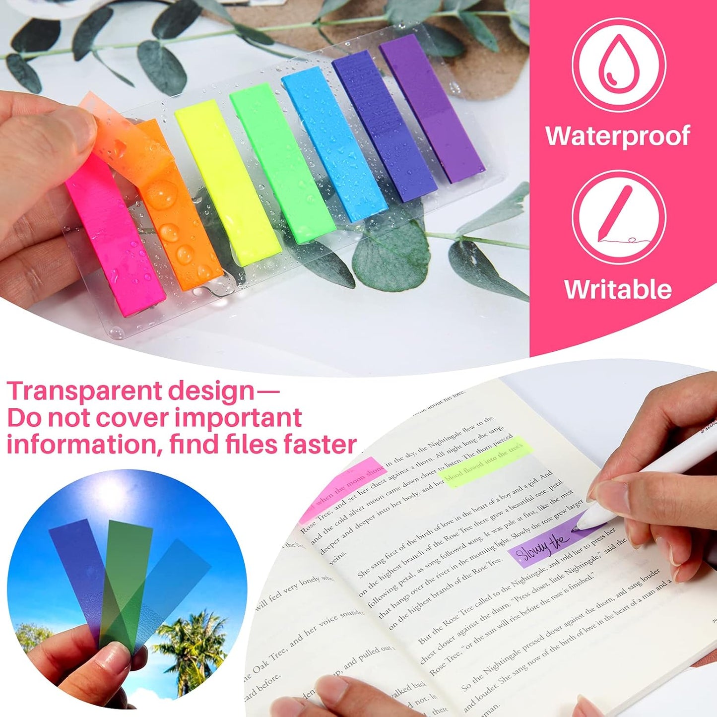 moinkerin 980 Pcs Sticky Notes Flags, 7 Color Index Tabs Index Flag Bright Colors Page Index Stickers Translucent Page Makers for Page Bookmarks