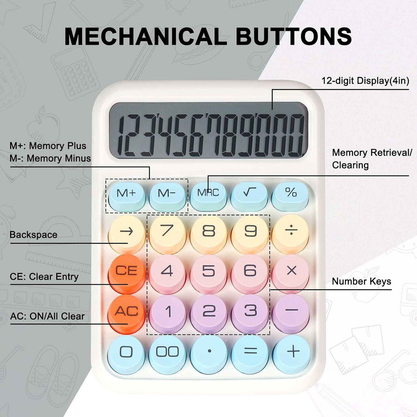 Mechanical Switch Calculator with Big Buttons, Calculators Desktop, 12 Digits, Large LCD Display, Desk Calculator, Cute Pink Calculators for Teachers Students Basic Office (Pink)