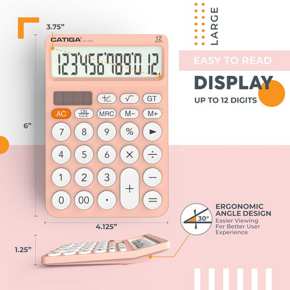 CATIGA 12 Digit Desktop Calculator Basic Desk Calculator with Large LCD Display, Big Buttons, 4 Function, Solar and Battery Dual Power, for Office, School, Home, SD-1292 Green