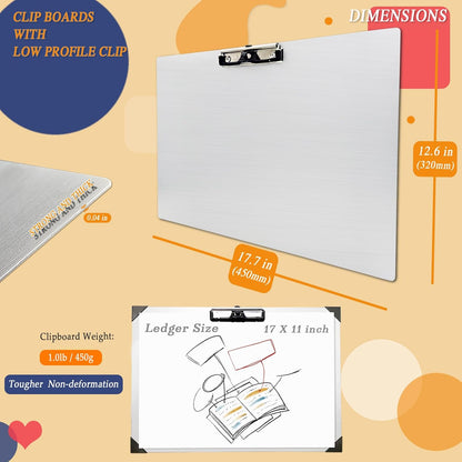 Three Clip Aluminum 11x17 Clipboard Metal Stainless Hangable Clipboards Art Pen Holder Extra Large Clip Board for Business Medical Professionals Workshop (Silver, A3-3Clip)