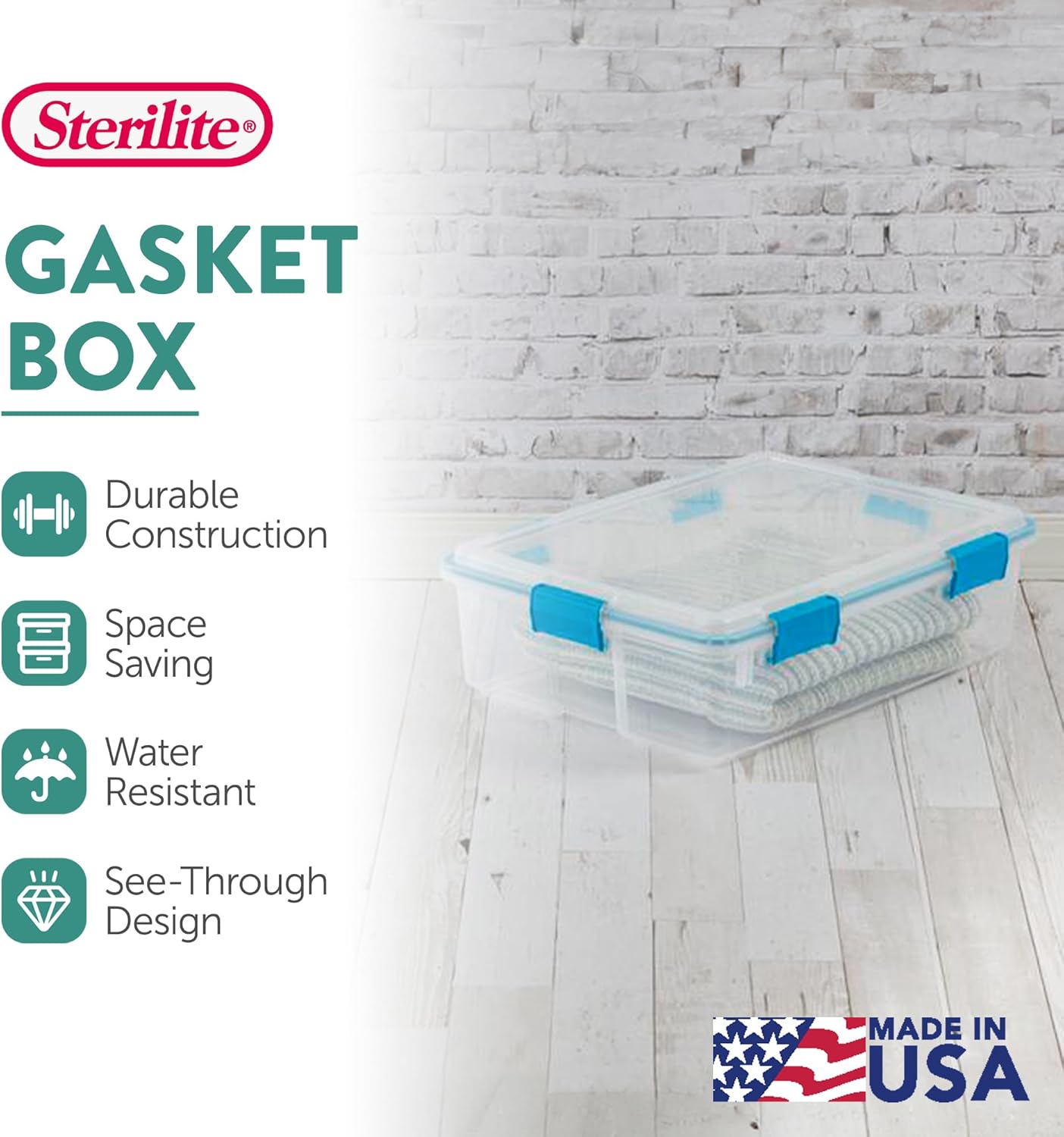 Sterilite 4-Pack Gasket Box, Weather-Resistant Storage Bins with Latching Lids, 32 Quart - Heavy-Duty Organizing Containers for Closet, Bathroom, and Office