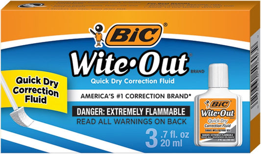 BIC® Wite-Out® Quick Dry Correction Fluid with Foam Applicator, White, Pack of 3