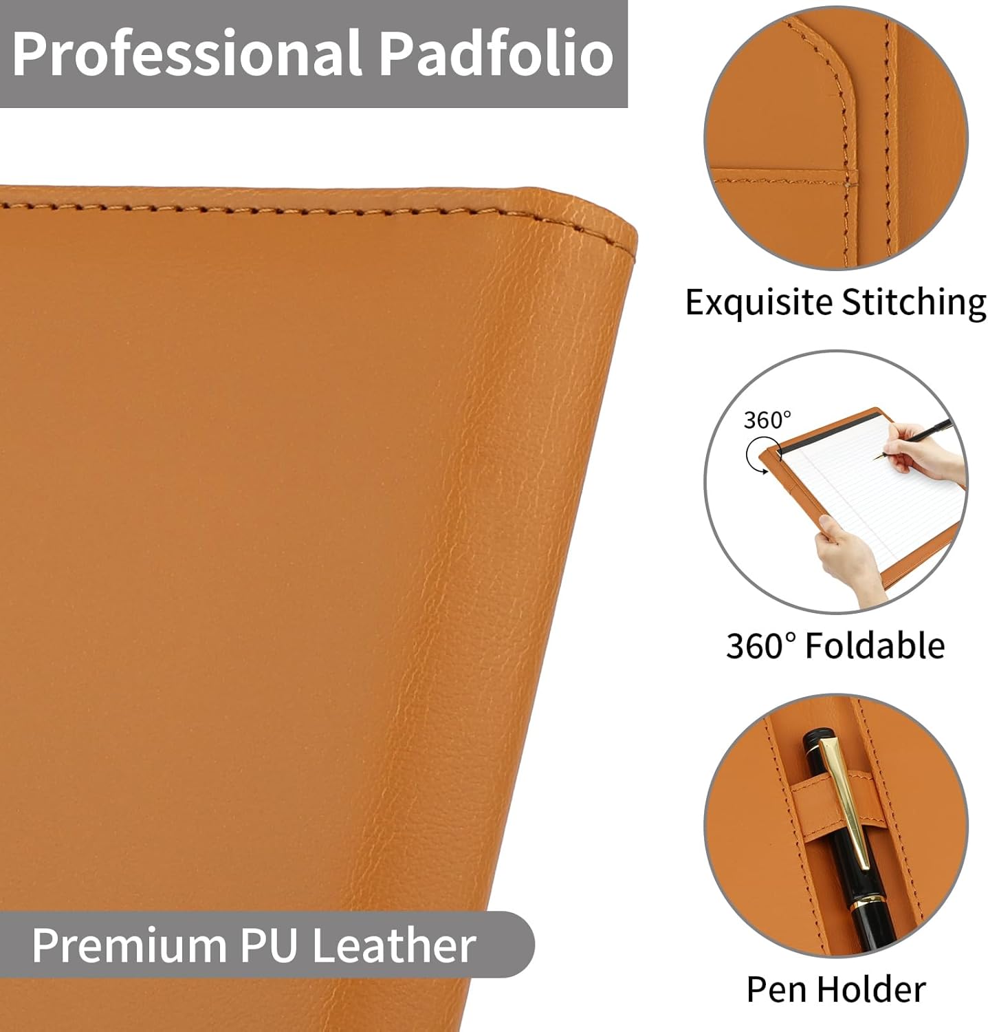 MOWPOG Professional Padfolio Portfolio Binder, Faux Leather Interview Resume Folder, Letter Size A4 Legal Writing Pad Holder, Document Organizer for Business School Office Conference (Black)