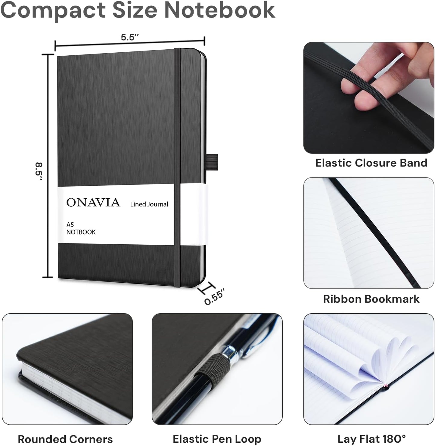 ONAVIA A5 College Ruled Notebook 3 Pack, Hardcover Lined Journals for School Notes, Study, Homework, Class Writing and Journaling, 160 Pages (80 Sheets), 5.8 x 8.3 in, Pink