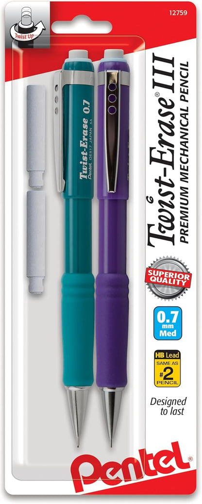 Pentel Twist-Erase III Mechanical Pencil, (0.7mm), Assorted Barrel Colors with 2 Eraser Refills, Pack of 2 (QE517BP2)