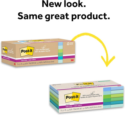Post-it 100% Recycled Paper Super Sticky Notes, 3 in. x 3 in., 12 Pads, 70 Sheets per Pad, Wanderlust Pastels, School Supplies and Office Products
