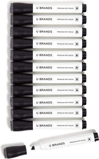 U Brands Dry Erase Markers, Fine Tip Whiteboard Markers, Chisel Tip, Low Odor, Black Dry Erase Marker Set with Eraser Caps, Office School Classroom Supplies, 12 Count