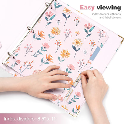 Ospelelf Binder 3 Ring 1 Inch, Floral Round Ring Clipboard Binder for Letter Size with 5 Tab Dividers, File Folder Labels, for School and Office Supplies