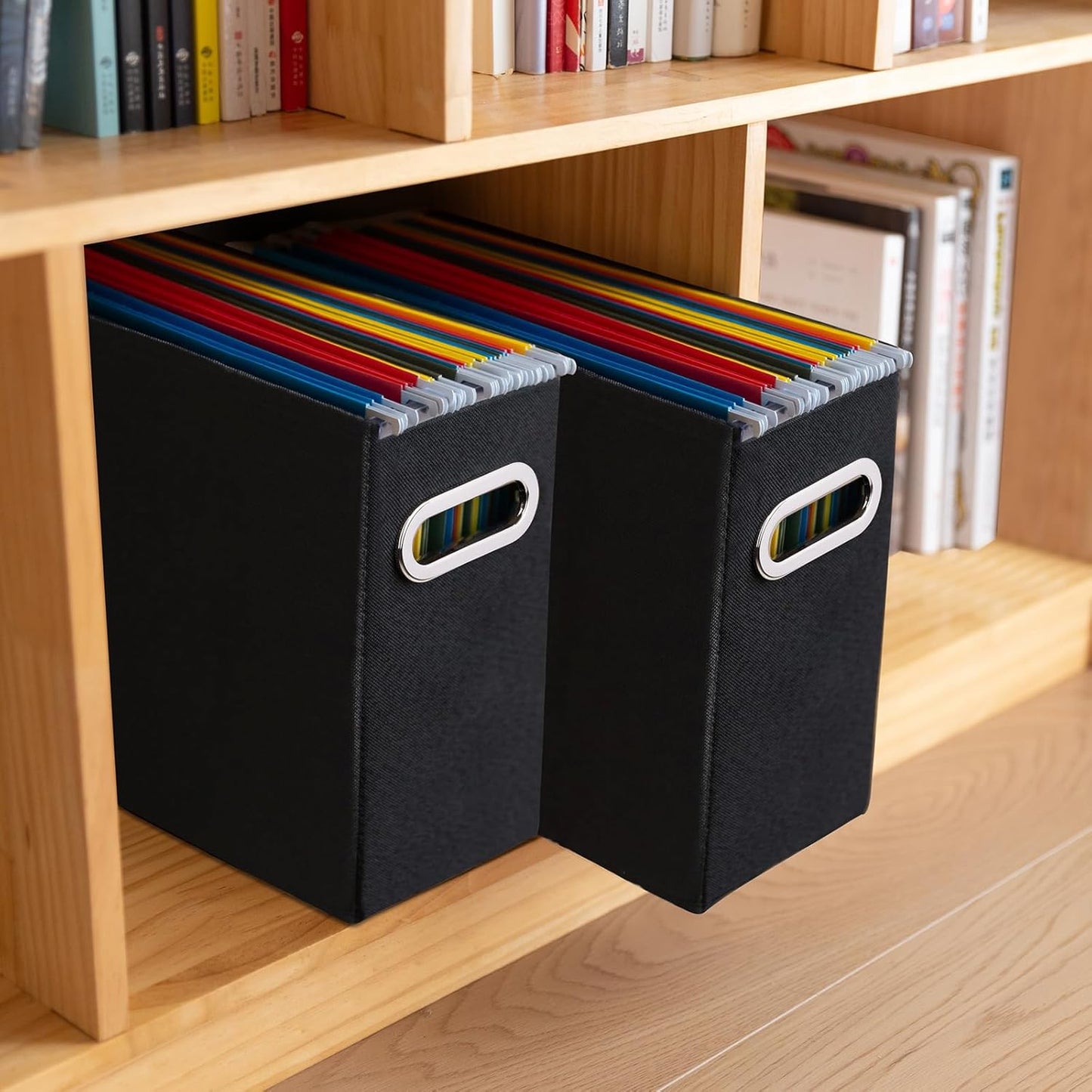 4 Pack Letter Size File Storage Box Collapsible, Fabric Hanging File Folders Organizer, Portable Office Document Holder with Metal Handle, Smooth PVC Rails, Beige