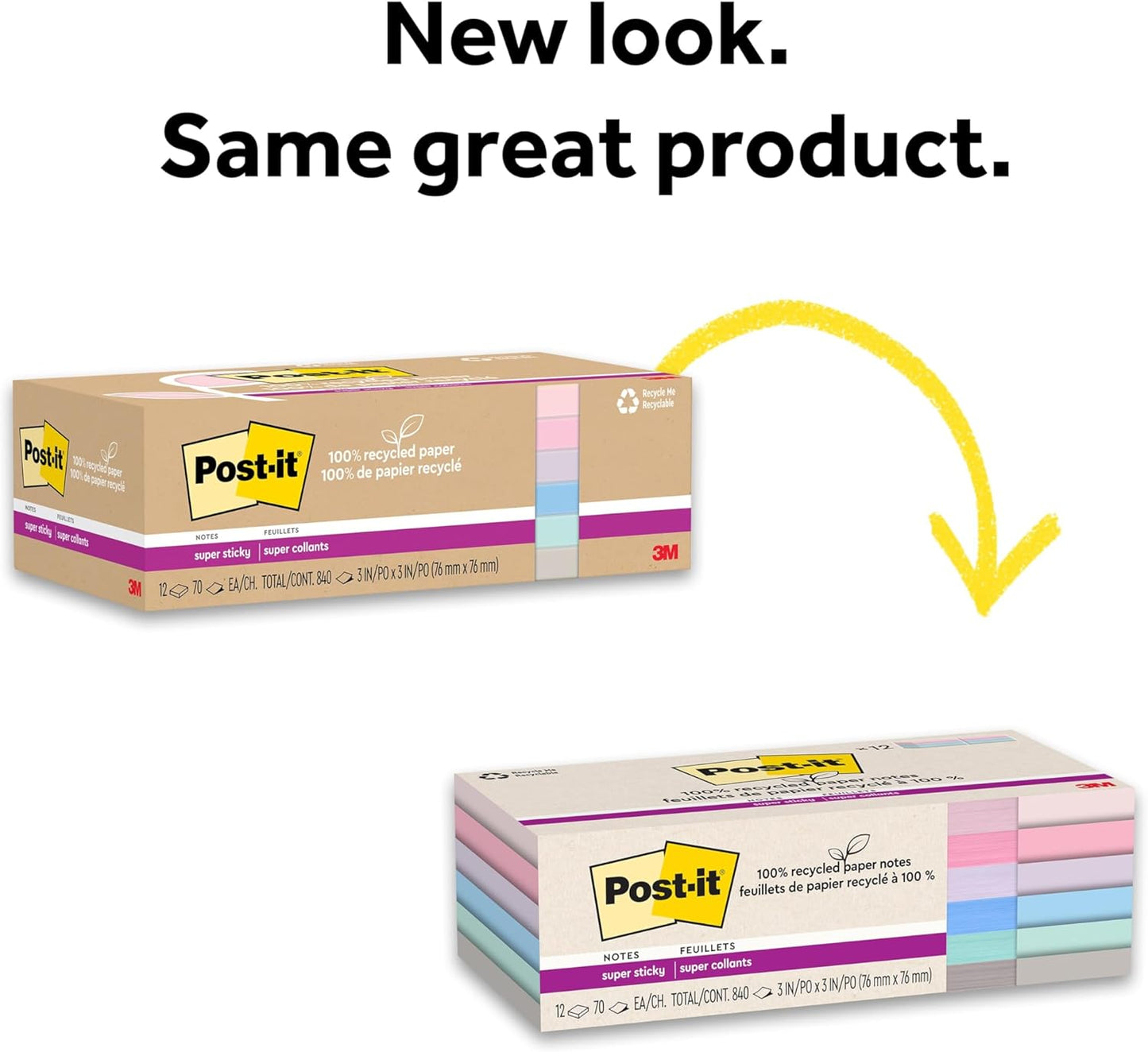 Post-it 100% Recycled Paper Super Sticky Notes, 3 in. x 3 in., 12 Pads, 70 Sheets per Pad, Wanderlust Pastels, School Supplies and Office Products
