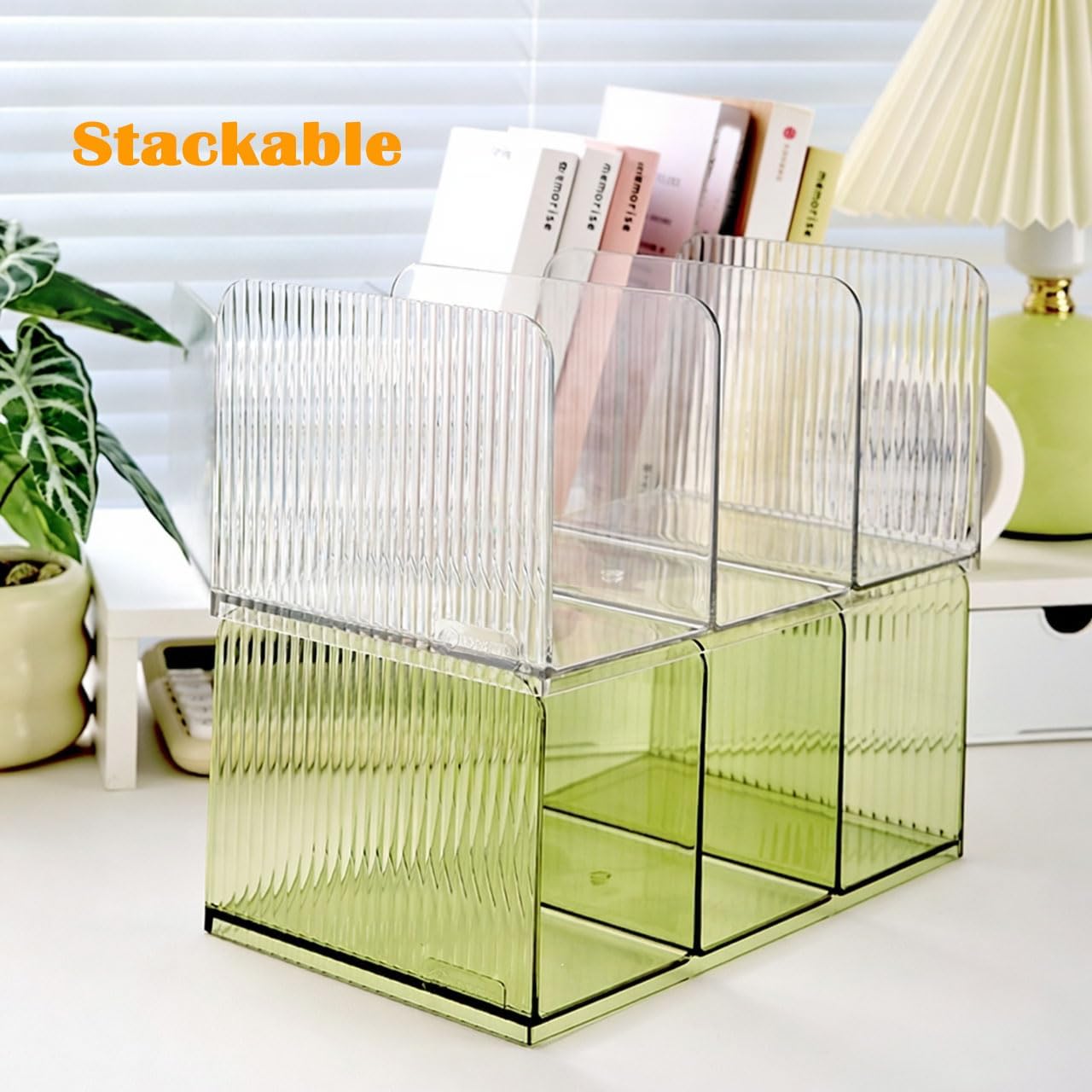 Versatile Acrylic Magazine File Holder, 3 Compartment Desk Document Organizer Sorter, Clear Bookends & Folder Rack for Classroom, Holds Tablet, Magazines, Files, Supplies & Accessories-2 Pack Green