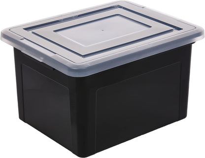 IRIS USA File Box, Plastic File Organizer with Lids for Letter/Legal File, Portable Document Box For Moving, Storage Bin with Durable and Secure Lid, Stackable Nestable BPA-Free, Clear 35 Qt. 4 Pack