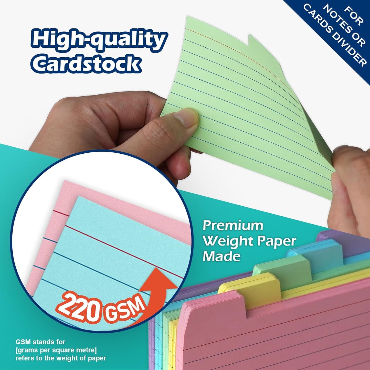 100 Pack Tabbed Index Cards 4x6 Lined Index Card Dividers with Tabs 4" x 6", Colored, 220 GSM Thick Paper