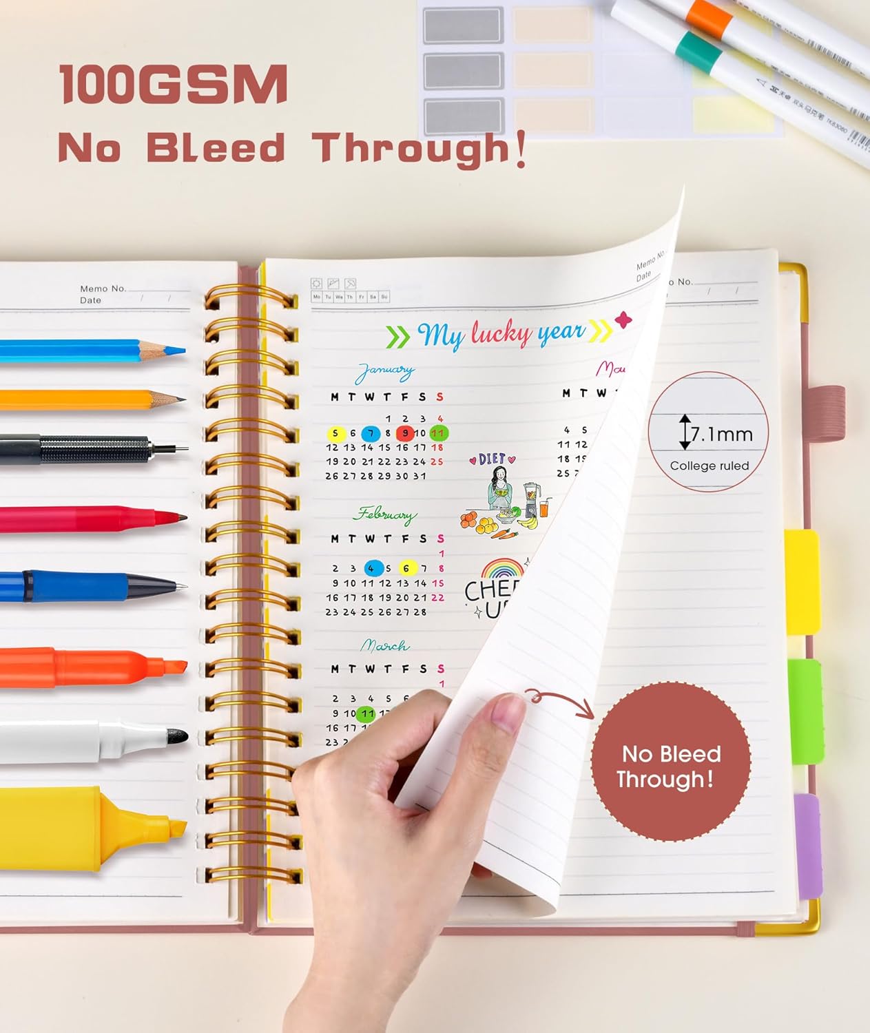 Hardcover Spiral Notebook Journal with Removable Dividers Tabs, 300 Pages Leather 5 Subject Notebook College Ruled, 8"x10" Large B5 Notebooks for Work School Note taking, Lined Journal for Women, Pink