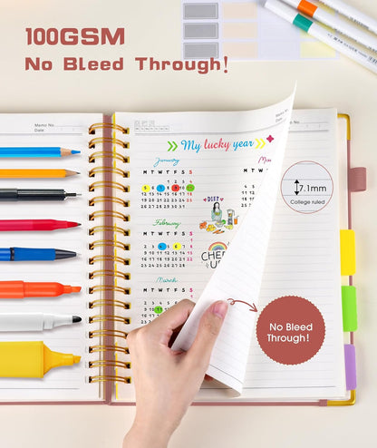 Hardcover Spiral Notebook Journal with Removable Dividers Tabs, 300 Pages Leather 5 Subject Notebook College Ruled, 8"x10" Large B5 Notebooks for Work School Note taking, Lined Journal for Women, Pink