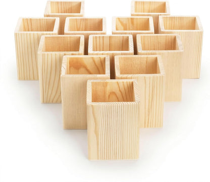 Yopay 12 Pack Wooden Pencil Holder, 4 Inch Square Desktop Wood Boxes for Crafts, DIY Unfinished Wooden Vase for Wedding Centerpieces Decor, Homemade DIY Supplies