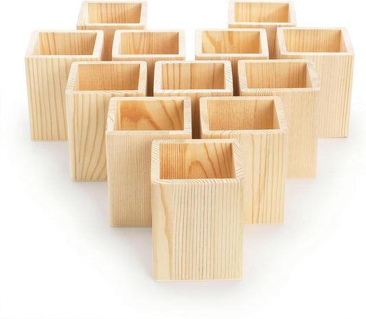 Yopay 12 Pack Wooden Pencil Holder, 4 Inch Square Desktop Wood Boxes for Crafts, DIY Unfinished Wooden Vase for Wedding Centerpieces Decor, Homemade DIY Supplies