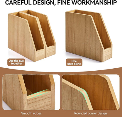 KIRIGEN Wood File Folder Holder Desktop Document Rack Organizer Desk Paper Holder Storage Sorter 2 Packs 2TWJJ-NA