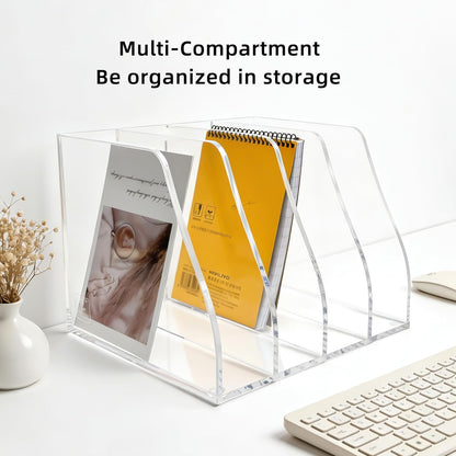 Acrylic Magazine File Holder, 4 Vertical Compartments Desk Document Sorter Organizer, Clear Folder Rack Binder for Office, Tablets, Magazines, Books – Home/Classroom Rack, 5mm Thick