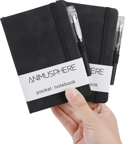 2Pack Pocket Notebook Small Notebook Journal Notebook 4 inches x 5.7 inches 200 Pages Leather Cover With Pen Holder Page Marker Ribbons(Black)