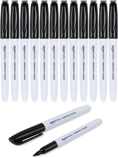 Amazon Basics Fine Tip Permanent Markers for Writing, Drawing, Quick Drying, Office, School, and Home Use, Black, 24 Pack